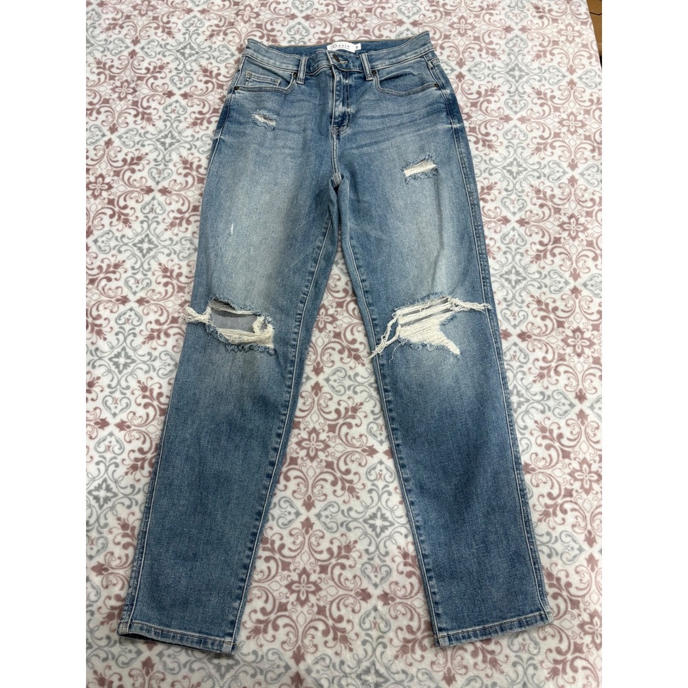 Oasis by Eunina Distressed Straight Leg Jeans Blue Medium Wash SZ 3 Distressing